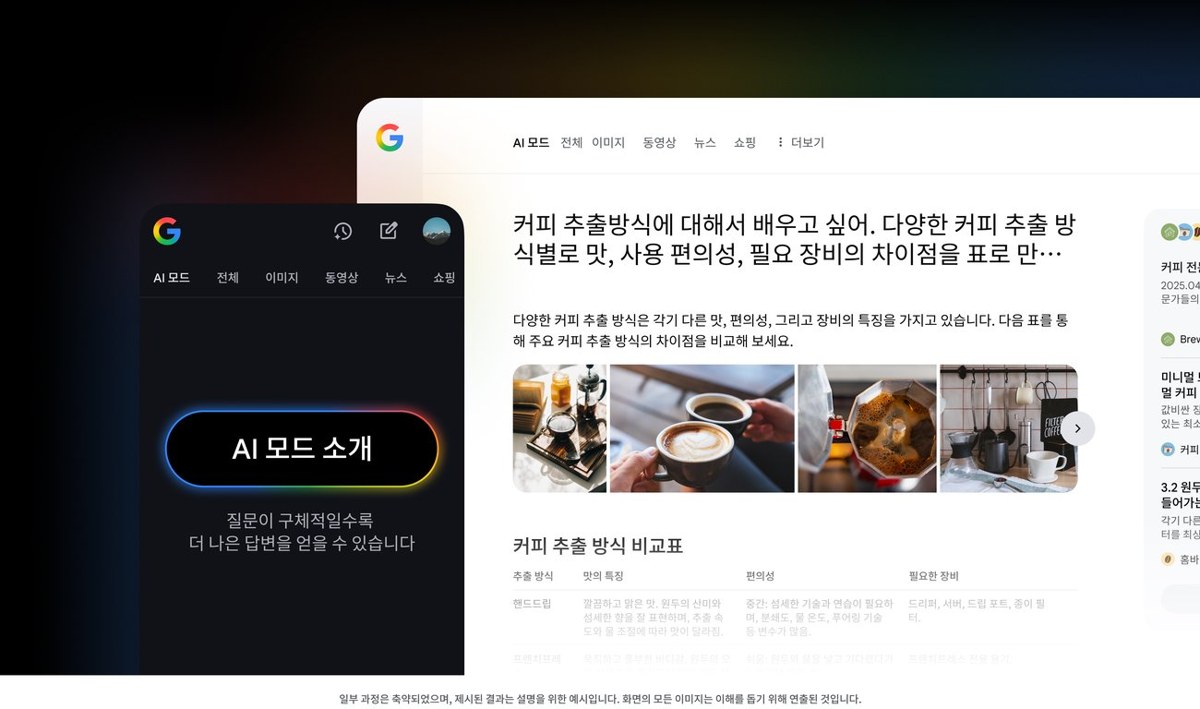 검색창 아래 AI 모드 탭과 커피 추출 방식을 표로 비교한 AI 모드 답변 화면